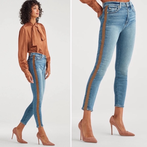 7 For All Mankind Luxe Vintage High Waist Ankle Skinny Rose Gold Stripe Jeans - Picture 3 of 10